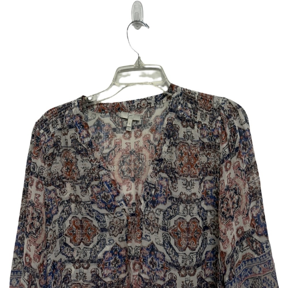 Joie Womens Silk Top Blouse SZ S Multicolor Printed Boho V Neck Ruched Shoulder - Picture 2 of 6